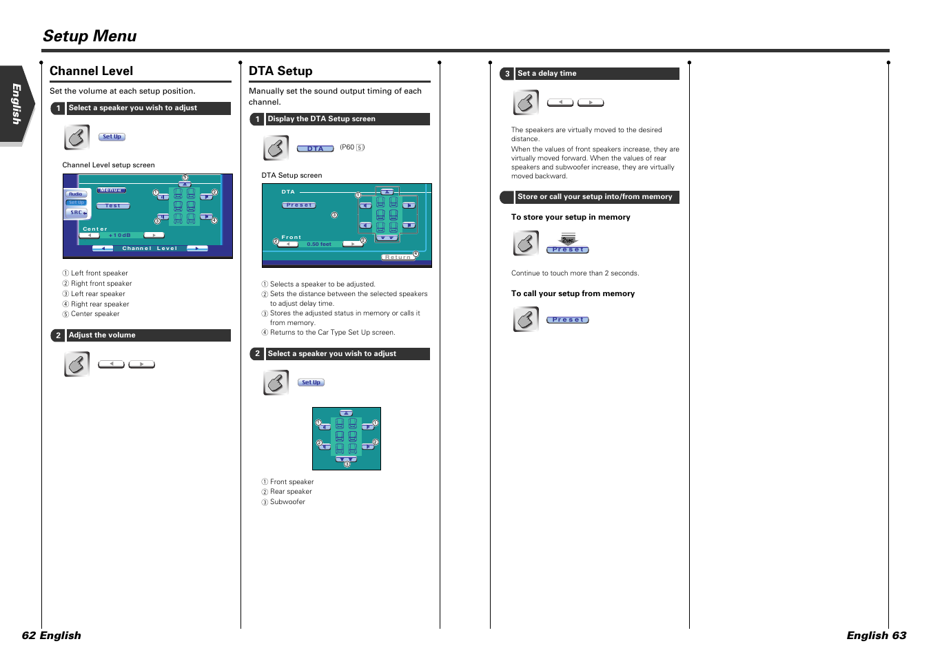 Setup menu, Channel level, Dta setup | English 62 english english 63 | Kenwood DDX7015 User Manual | Page 32 / 51