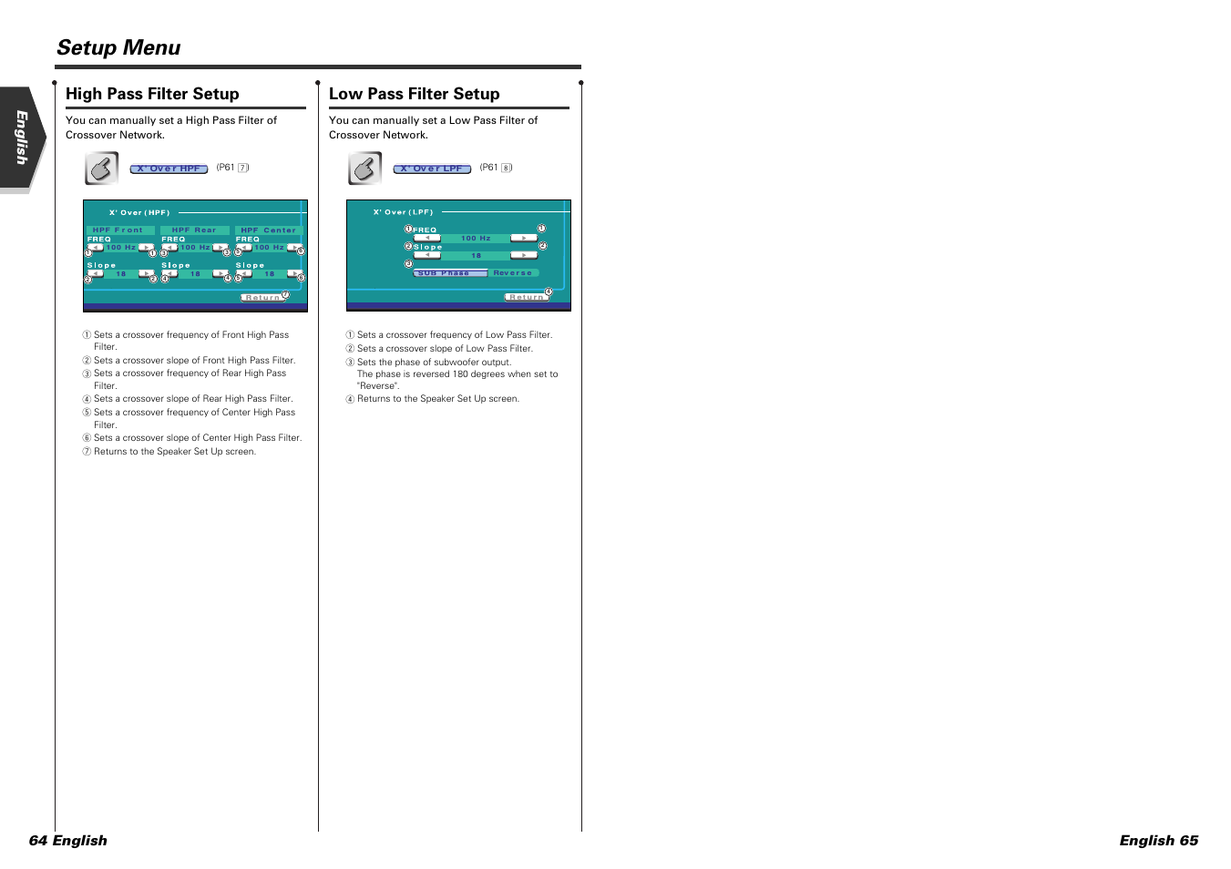 Setup menu, High pass filter setup, Low pass filter setup | English english 65 64 english | Kenwood DDX7015 User Manual | Page 33 / 51