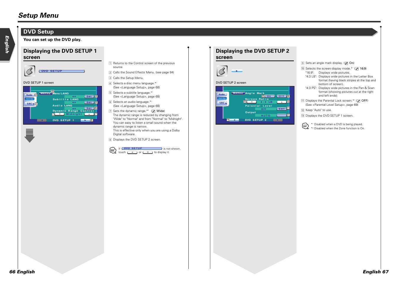 Setup menu, Dvd setup, Displaying the dvd setup 2 screen | Displaying the dvd setup 1 screen, English 67, English 66 english, You can set up the dvd play | Kenwood DDX7015 User Manual | Page 34 / 51