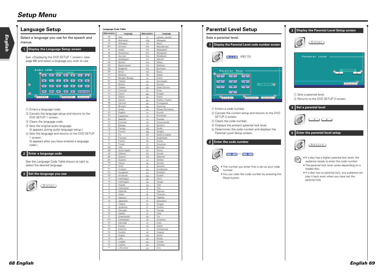 Setup menu, Parental level setup, Language setup | English 69 english 68 english | Kenwood DDX7015 User Manual | Page 35 / 51