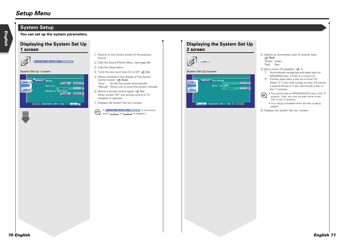 Setup menu, System setup, Displaying the system set up 1 screen | Displaying the system set up 2 screen, English english 71 70 english, You can set up the system parameters | Kenwood DDX7015 User Manual | Page 36 / 51