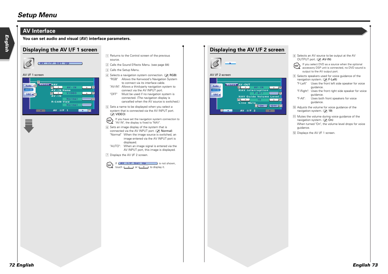 Setup menu, Av interface, Displaying the av i/f 1 screen | Displaying the av i/f 2 screen, English english 73 72 english | Kenwood DDX7015 User Manual | Page 37 / 51