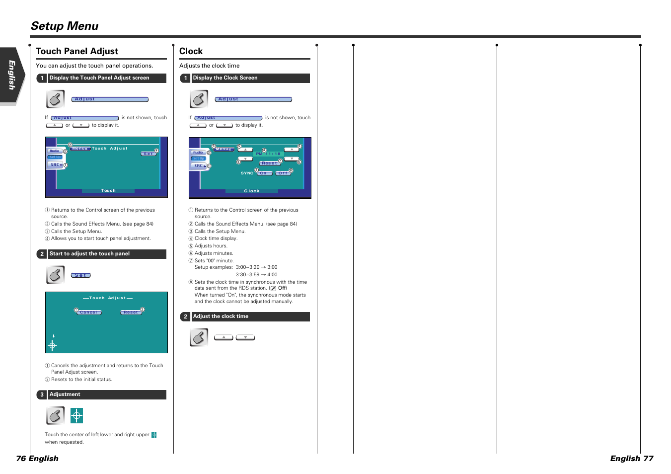 Setup menu, Touch panel adjust, Clock | English english 77 76 english | Kenwood DDX7015 User Manual | Page 39 / 51