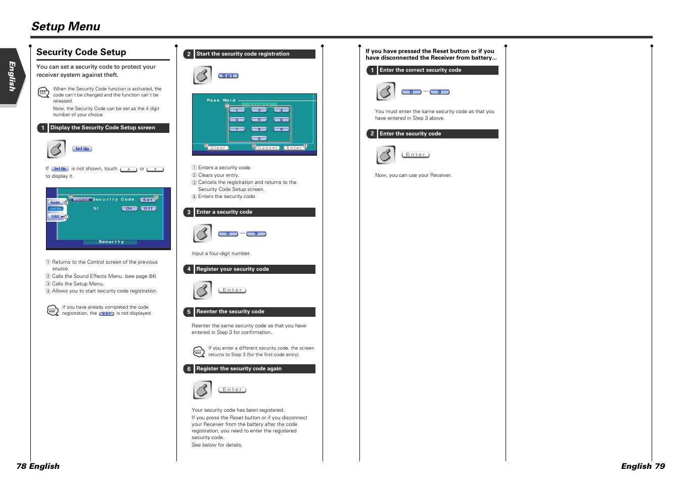 Setup menu, Security code setup, English 79 | English 78 english | Kenwood DDX7015 User Manual | Page 40 / 51