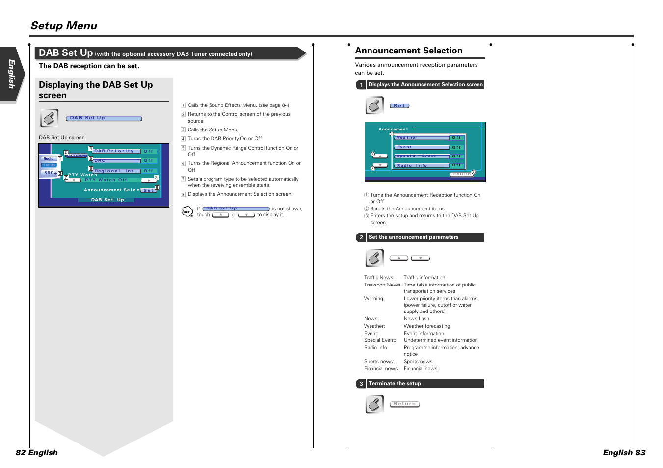 Setup menu, Dab set up, Announcement selection | Displaying the dab set up screen, English 82 english english 83 | Kenwood DDX7015 User Manual | Page 42 / 51