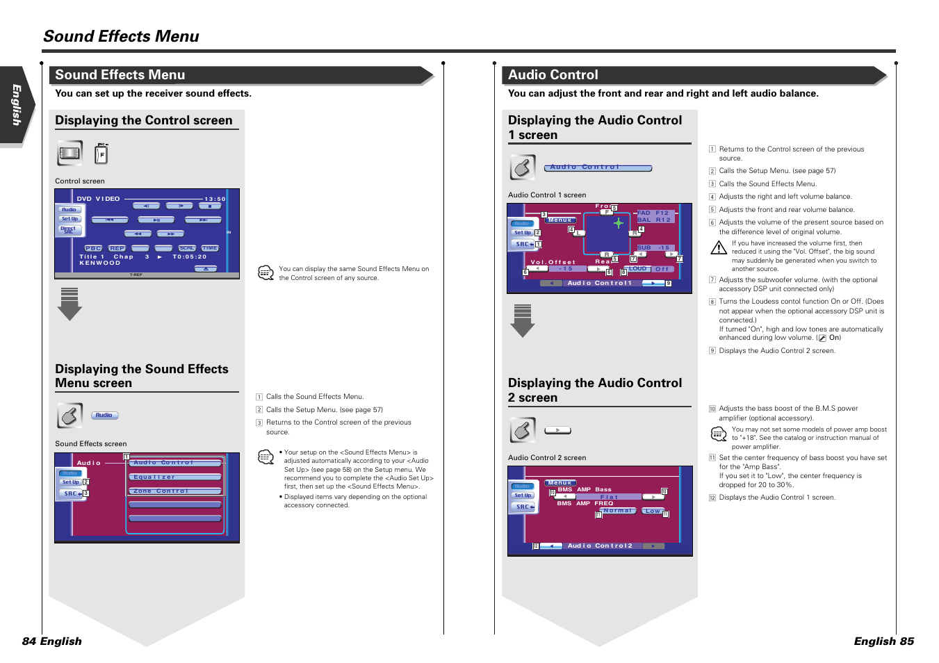 Sound effects menu, Audio control, Displaying the control screen | Displaying the sound effects menu screen, Displaying the audio control 1 screen, Displaying the audio control 2 screen, English english 85 84 english, You can set up the receiver sound effects | Kenwood DDX7015 User Manual | Page 43 / 51