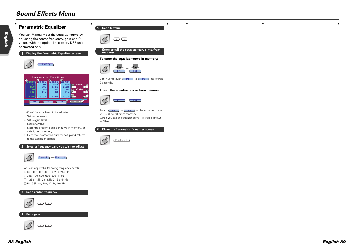 Sound effects menu, Parametric equalizer, English 89 | English 88 english | Kenwood DDX7015 User Manual | Page 45 / 51