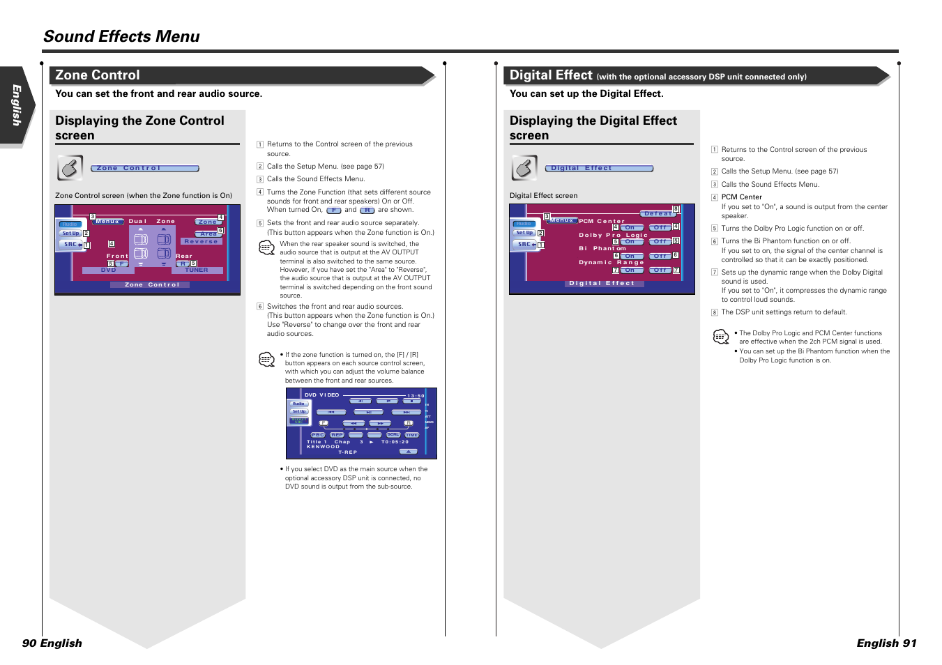 Sound effects menu, Digital effect, Zone control | Displaying the digital effect screen, Displaying the zone control screen, English 91, English 90 english, You can set up the digital effect, You can set the front and rear audio source | Kenwood DDX7015 User Manual | Page 46 / 51