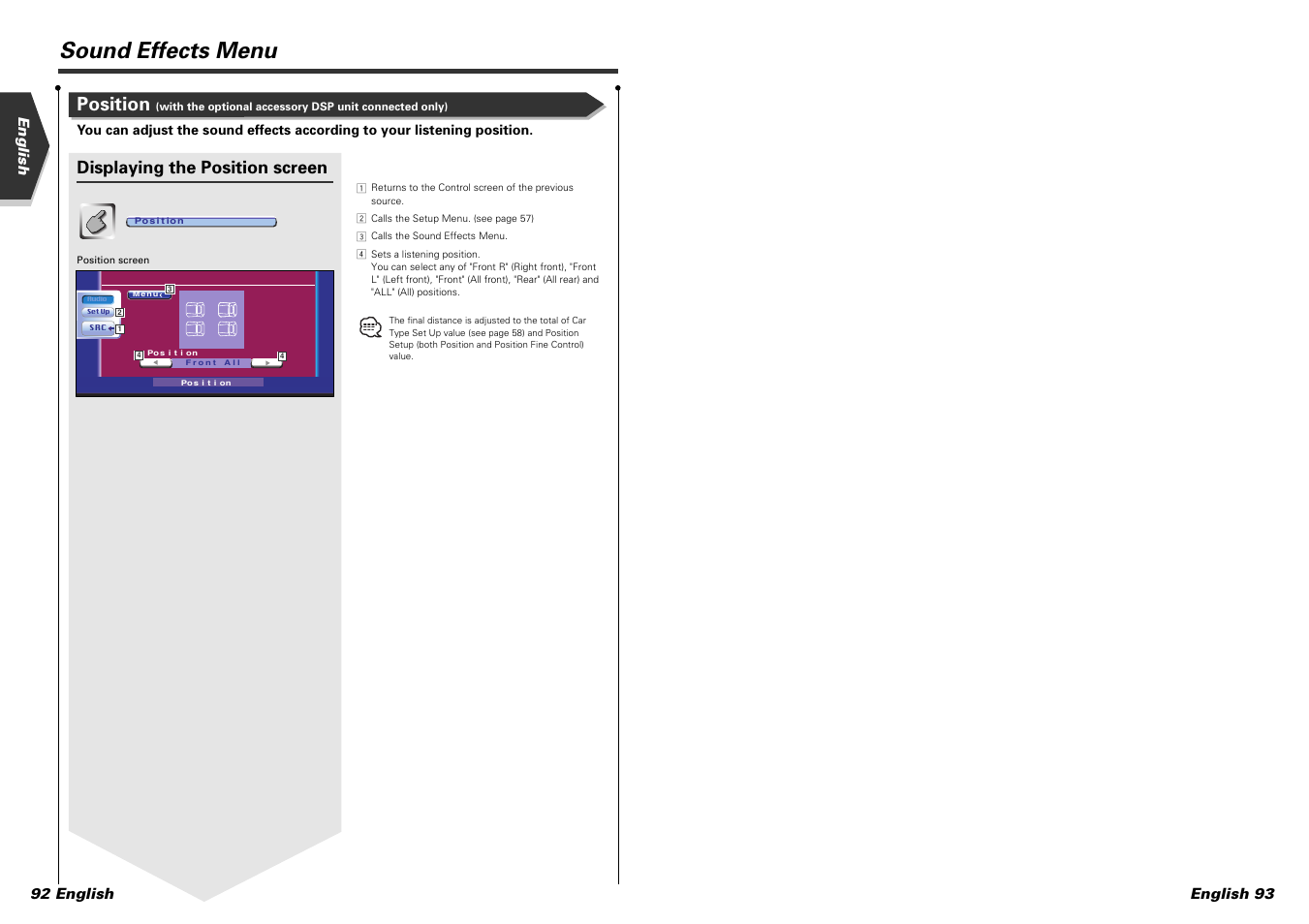 Sound effects menu, Position, Displaying the position screen | English 92 english english 93 | Kenwood DDX7015 User Manual | Page 47 / 51