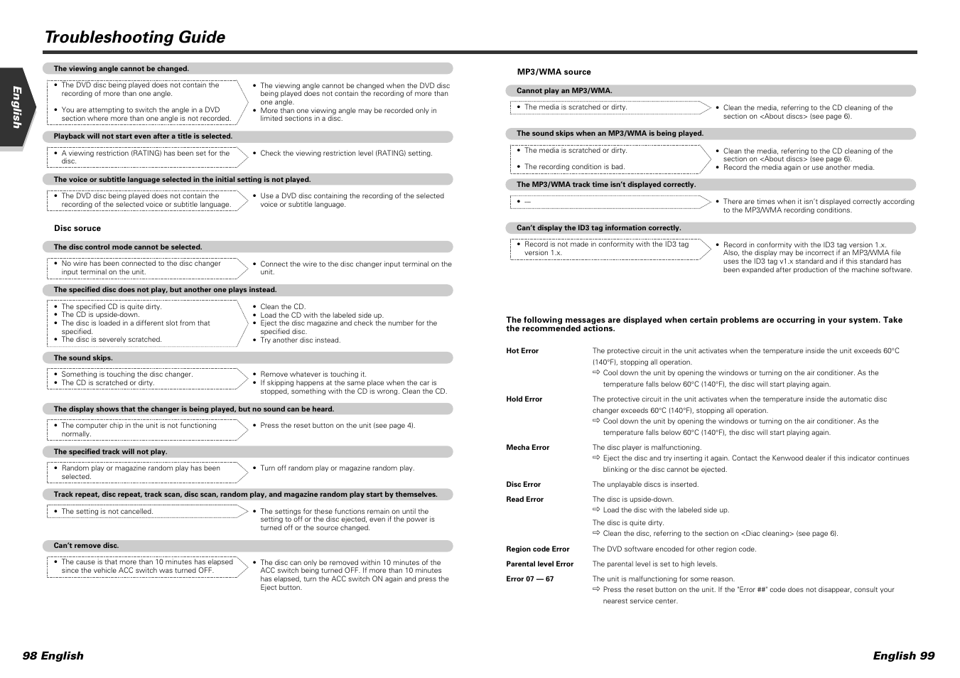 Troubleshooting guide, English 99 98 english english | Kenwood DDX7015 User Manual | Page 50 / 51