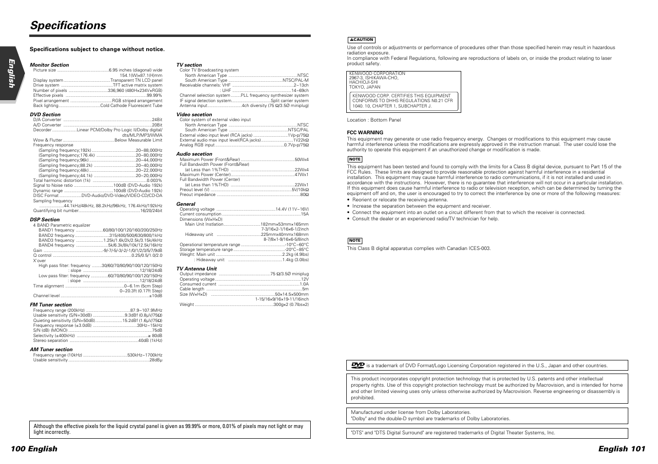 Specifications, 100 english english, English 101 | Kenwood DDX7015 User Manual | Page 51 / 51