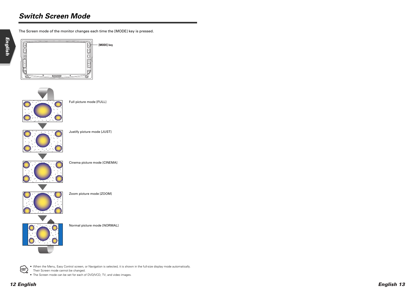 Switch screen mode | Kenwood DDX7015 User Manual | Page 7 / 51