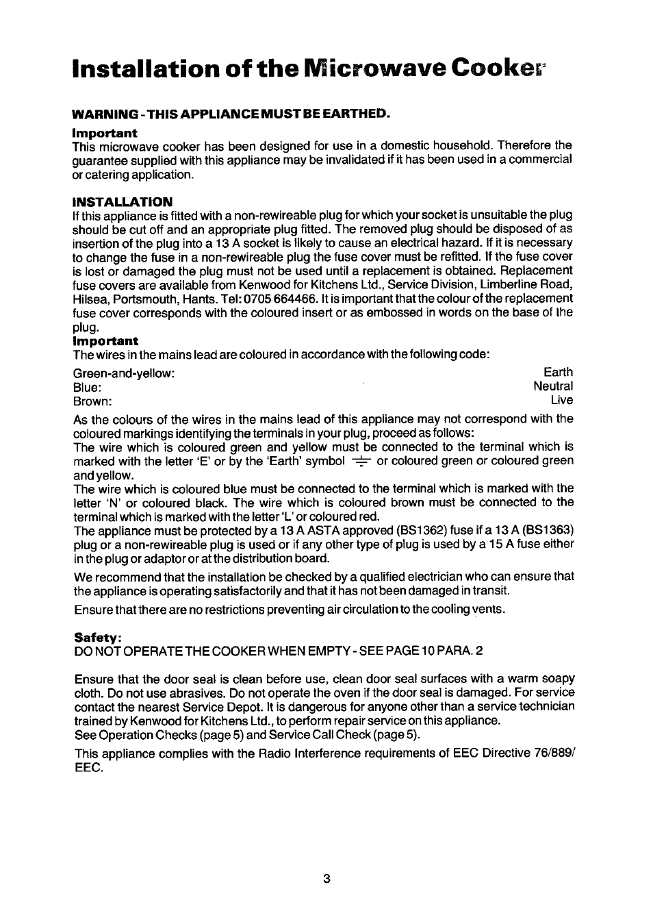 Installation of the microwave cooker | Kenwood SA 600 User Manual | Page 3 / 12