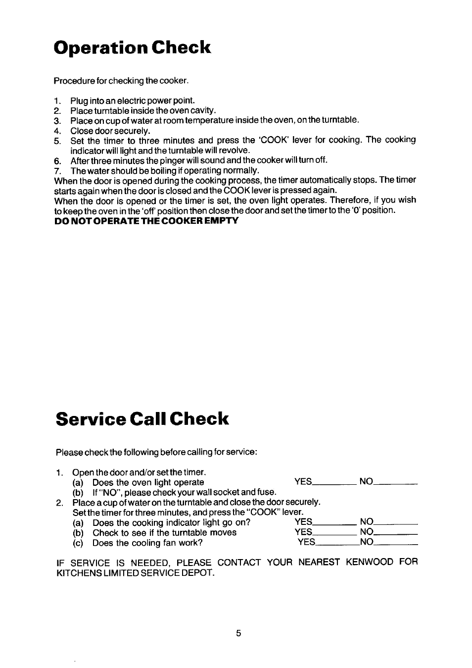 Operation check, Service call check | Kenwood SA 600 User Manual | Page 5 / 12