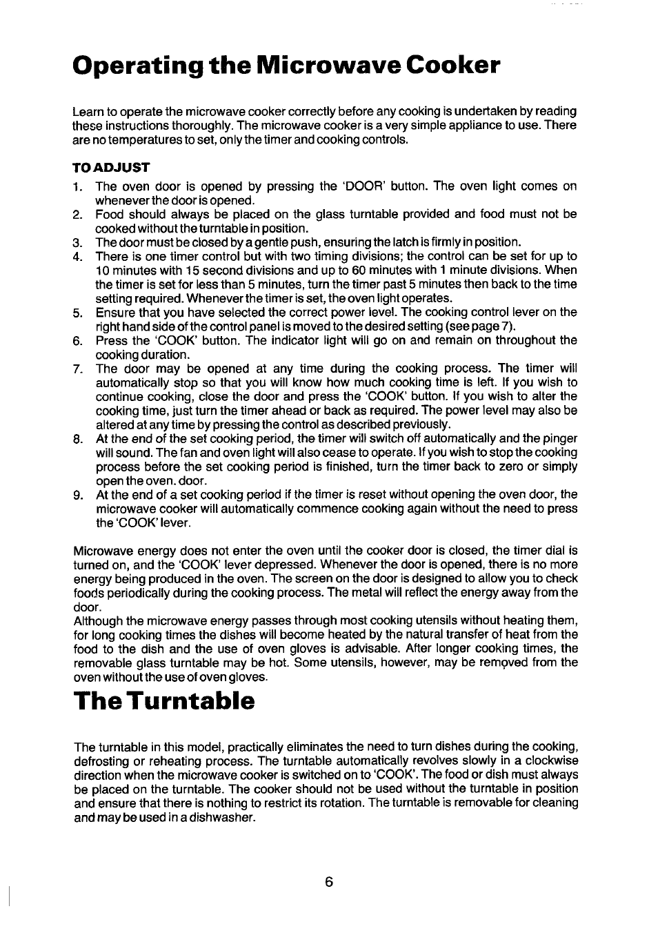 The turntable, Operating the microwave cooker | Kenwood SA 600 User Manual | Page 6 / 12