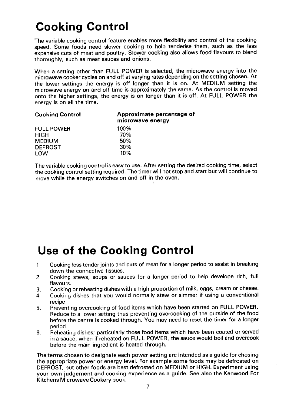 Cooking control, Use of the cooking control | Kenwood SA 600 User Manual | Page 7 / 12