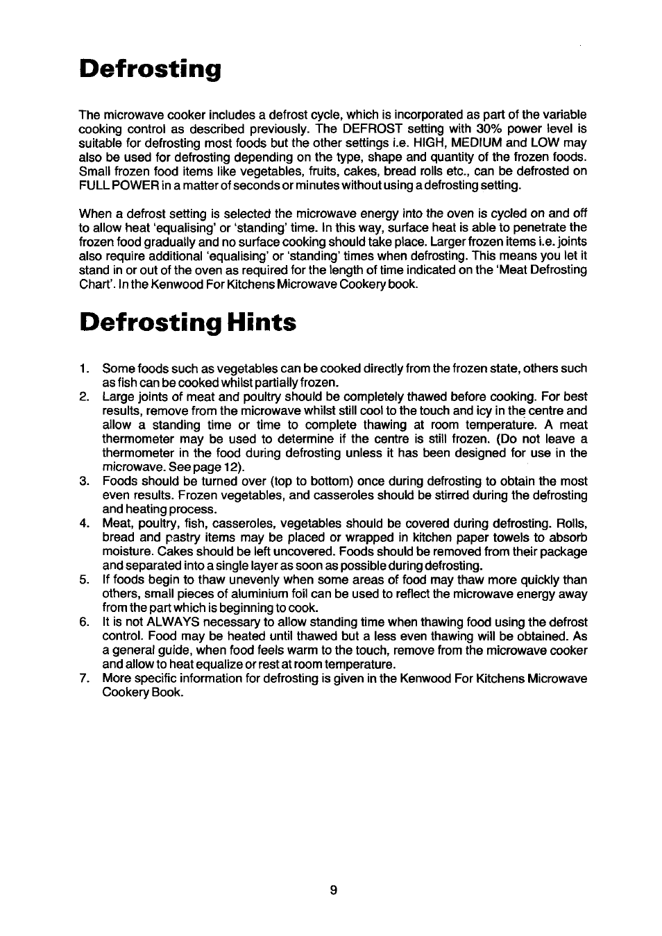 Defrosting, Defrosting hints | Kenwood SA 600 User Manual | Page 9 / 12