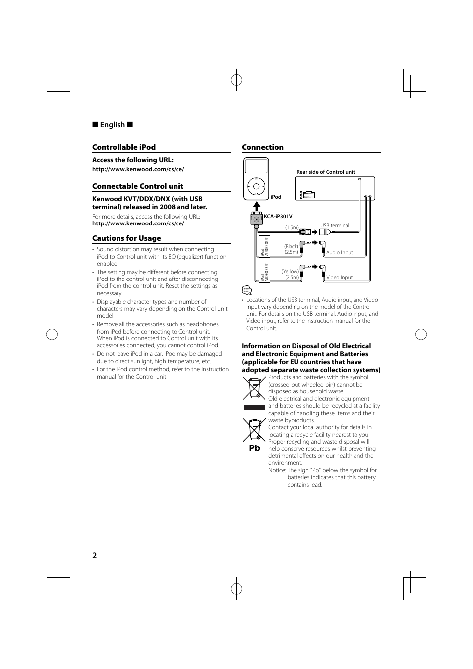 Controllable ipod, Connectable control unit, Cautions for usage | Connection, English | Kenwood KCA-iP301V User Manual | Page 2 / 8