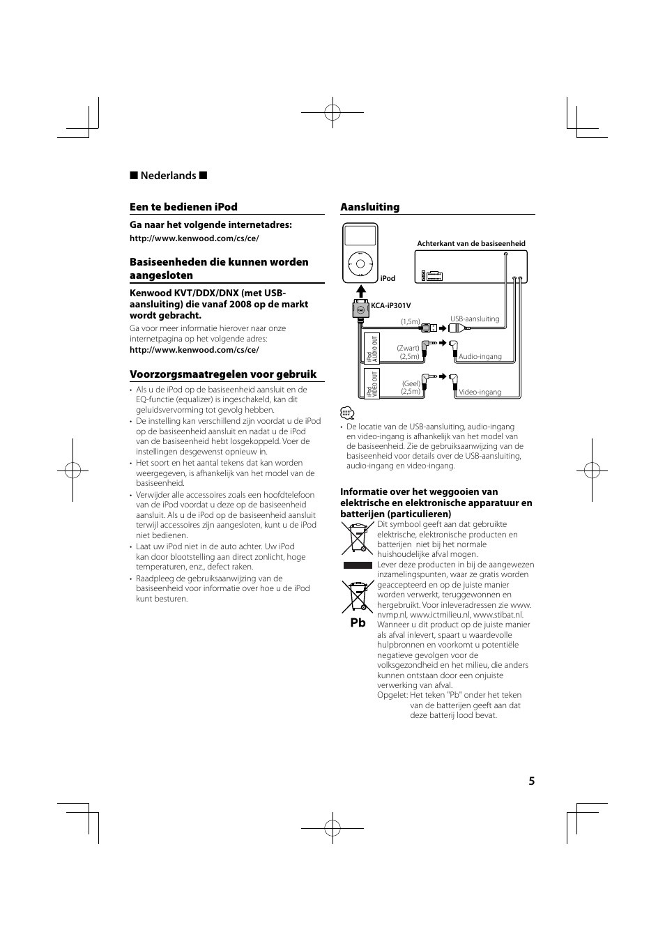 Een te bedienen ipod, Basiseenheden die kunnen worden aangesloten, Voorzorgsmaatregelen voor gebruik | Aansluiting, Nederlands | Kenwood KCA-iP301V User Manual | Page 5 / 8