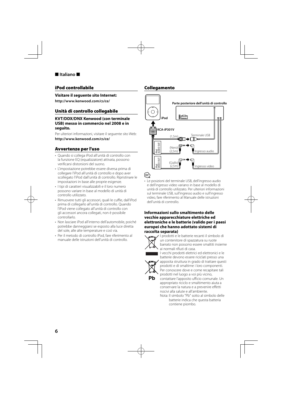 Ipod controllabile, Unità di controllo collegabile, Avvertenze per l'uso | Collegamento, Italiano | Kenwood KCA-iP301V User Manual | Page 6 / 8