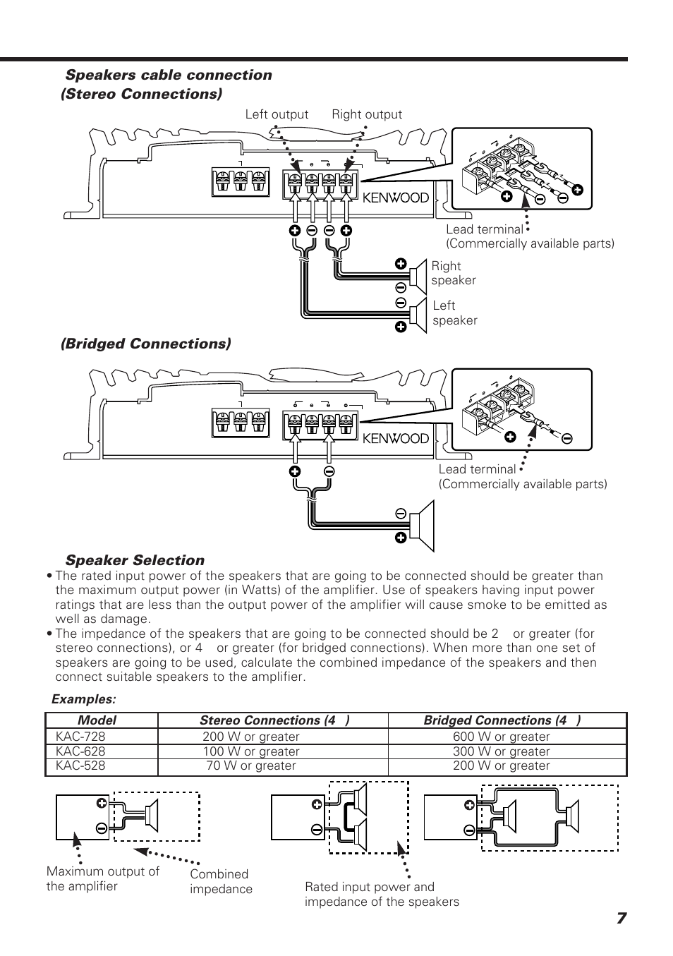 Speakers cable connection, Speaker selection, Speakers cable connection (stereo connections) | Bridged connections), Left speaker right speaker | Kenwood KAC-528 User Manual | Page 7 / 12