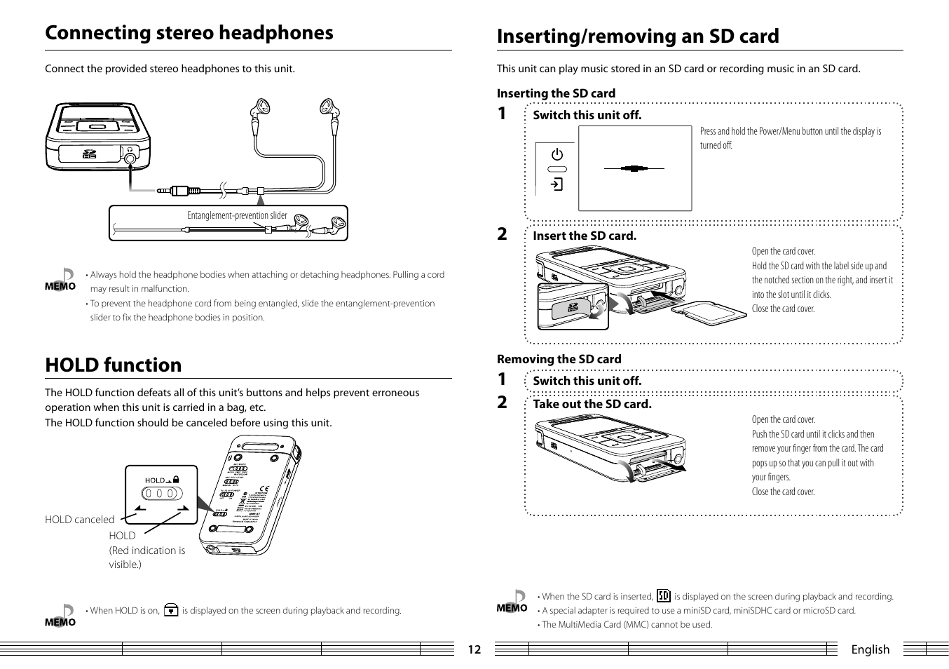 Connecting stereo headphones, Hold function, Inserting/removing an sd card | Kenwood MGR-A7 User Manual | Page 12 / 53