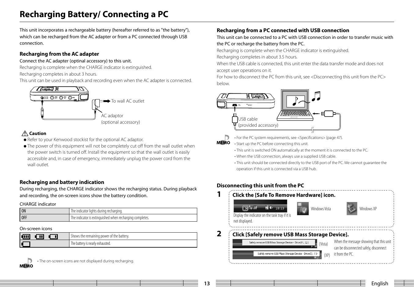 Recharging battery/ connecting a pc | Kenwood MGR-A7 User Manual | Page 13 / 53