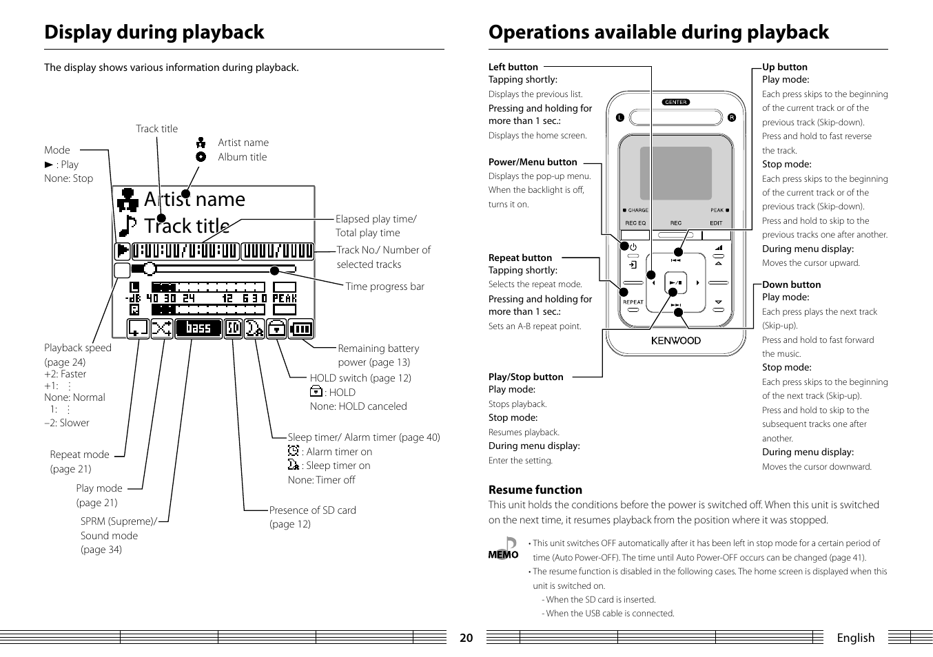 Track title artist name, Operations available during playback, Display during playback | Kenwood MGR-A7 User Manual | Page 20 / 53