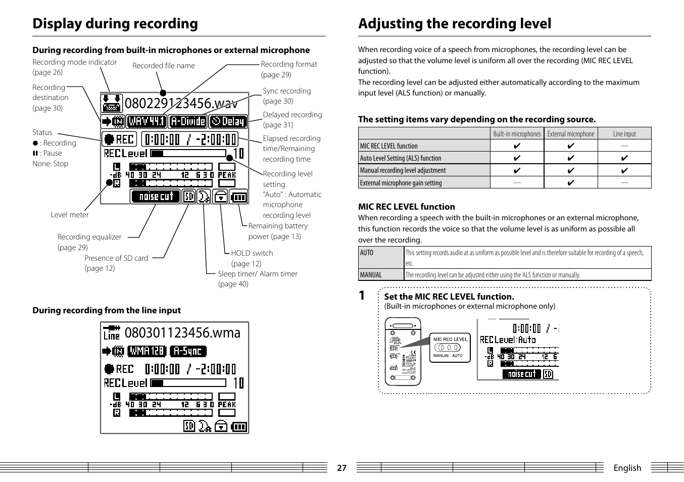 Adjusting the recording level, Display during recording | Kenwood MGR-A7 User Manual | Page 27 / 53