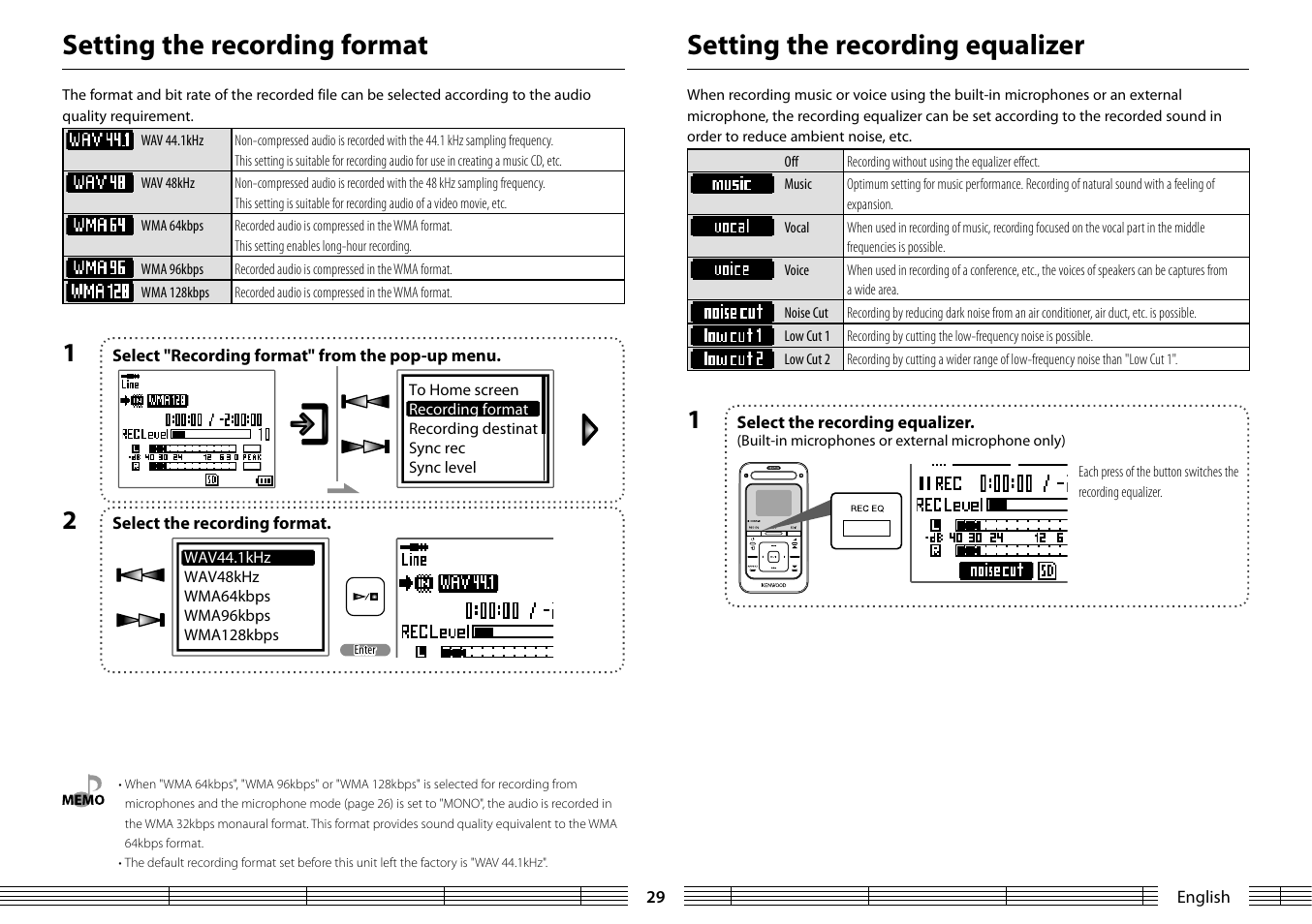 Setting the recording equalizer, Setting the recording format | Kenwood MGR-A7 User Manual | Page 29 / 53