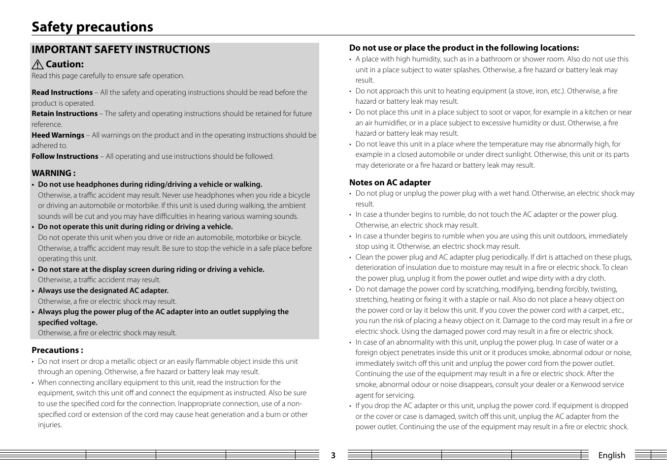 Safety precautions, Important safety instructions | Kenwood MGR-A7 User Manual | Page 3 / 53