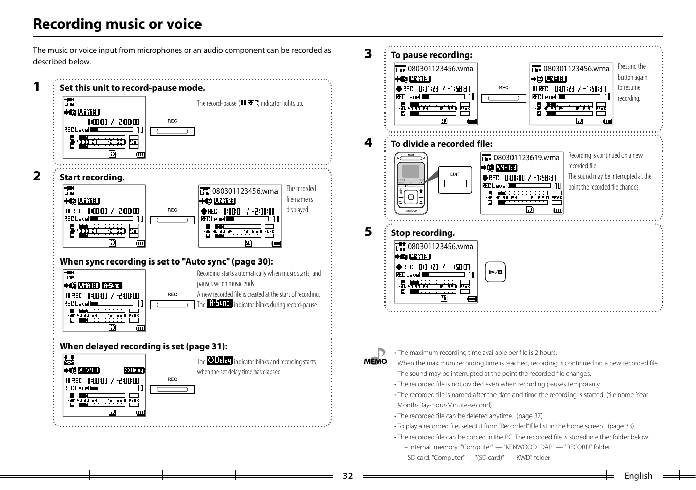 Recording music or voice | Kenwood MGR-A7 User Manual | Page 32 / 53