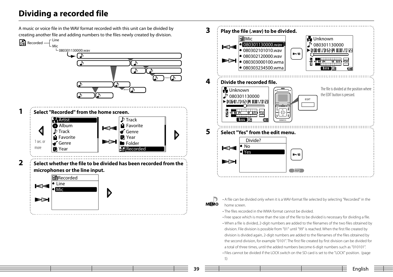 Dividing a recorded file | Kenwood MGR-A7 User Manual | Page 39 / 53