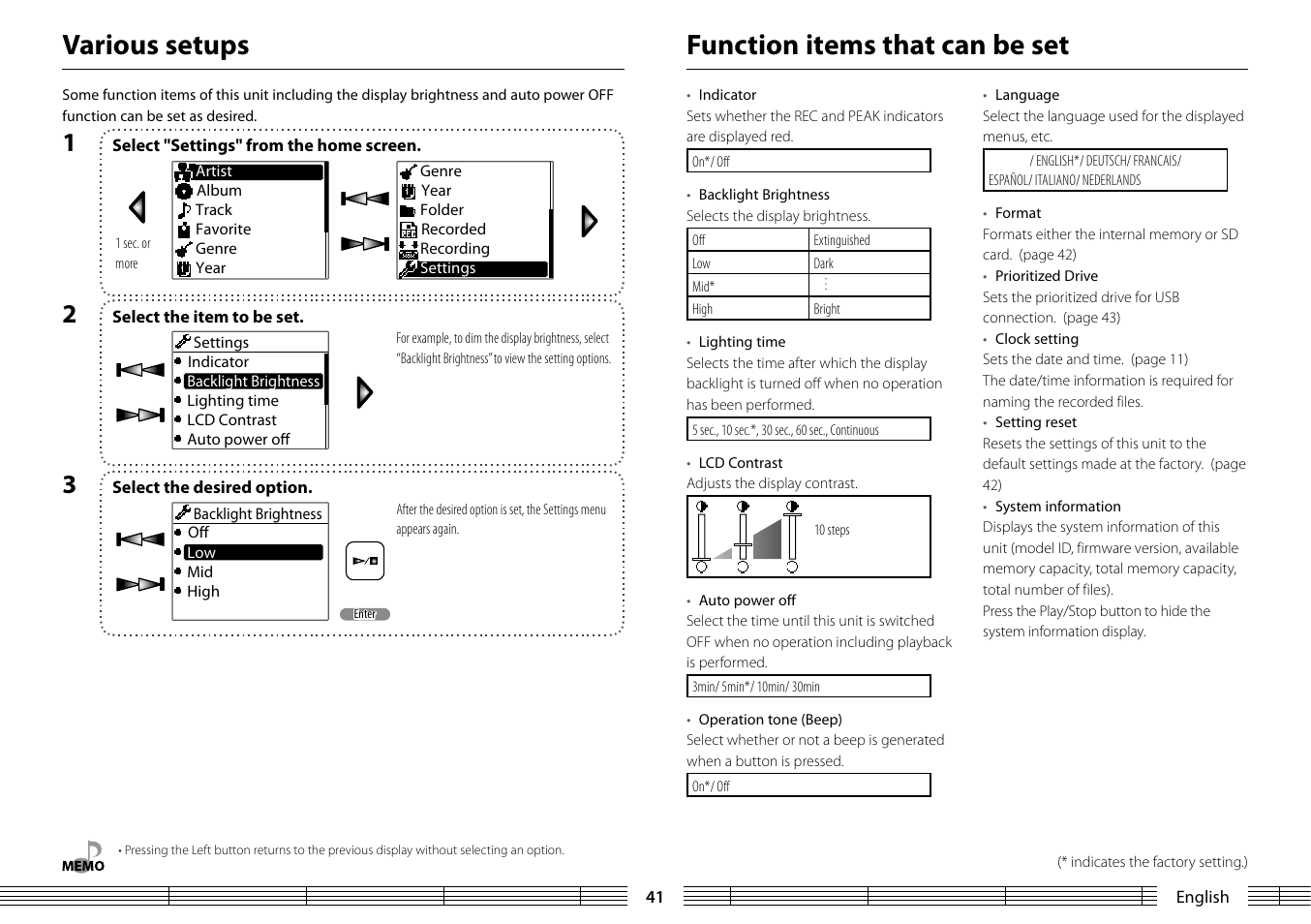 Function items that can be set, Various setups | Kenwood MGR-A7 User Manual | Page 41 / 53