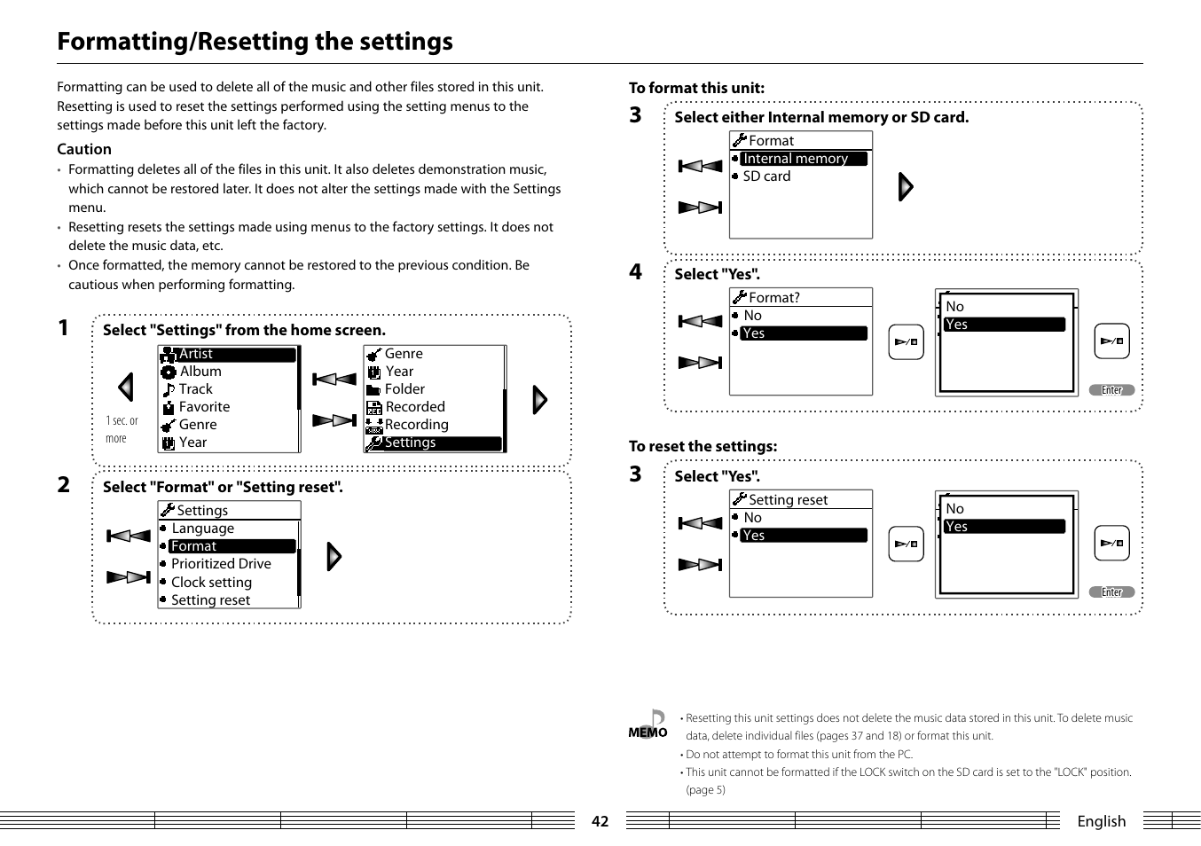 Formatting/resetting the settings | Kenwood MGR-A7 User Manual | Page 42 / 53