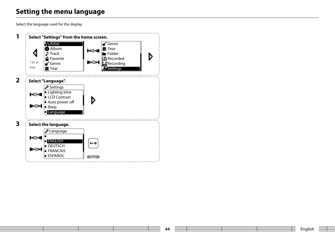 Setting the menu language | Kenwood MGR-A7 User Manual | Page 44 / 53