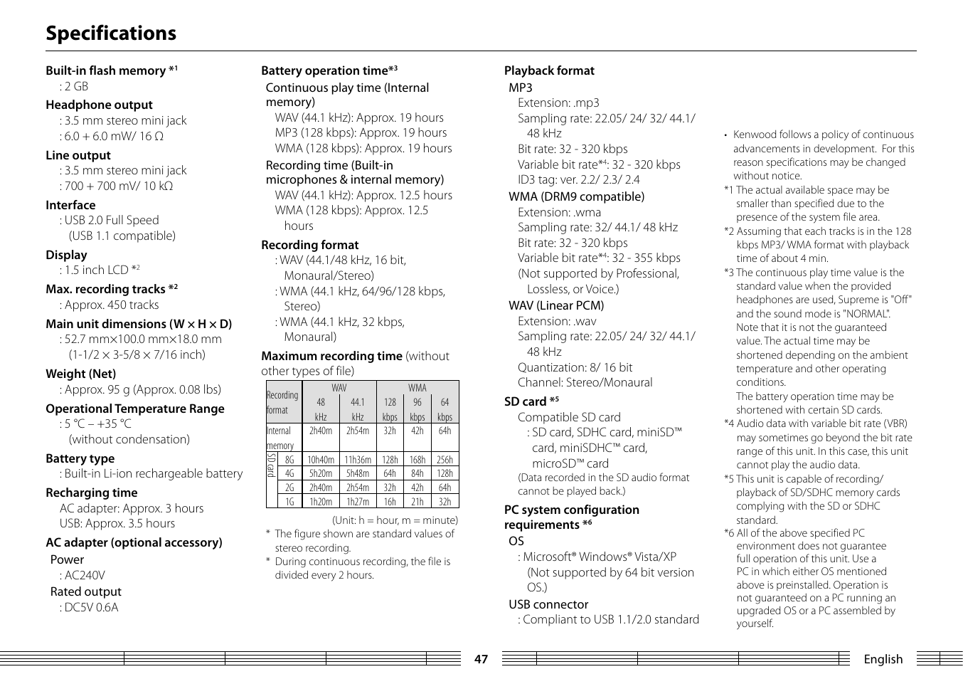 Specifications | Kenwood MGR-A7 User Manual | Page 47 / 53