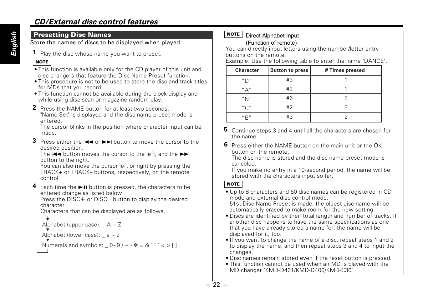 Cd/external disc control features, English | Kenwood DPX-6030 User Manual | Page 22 / 44