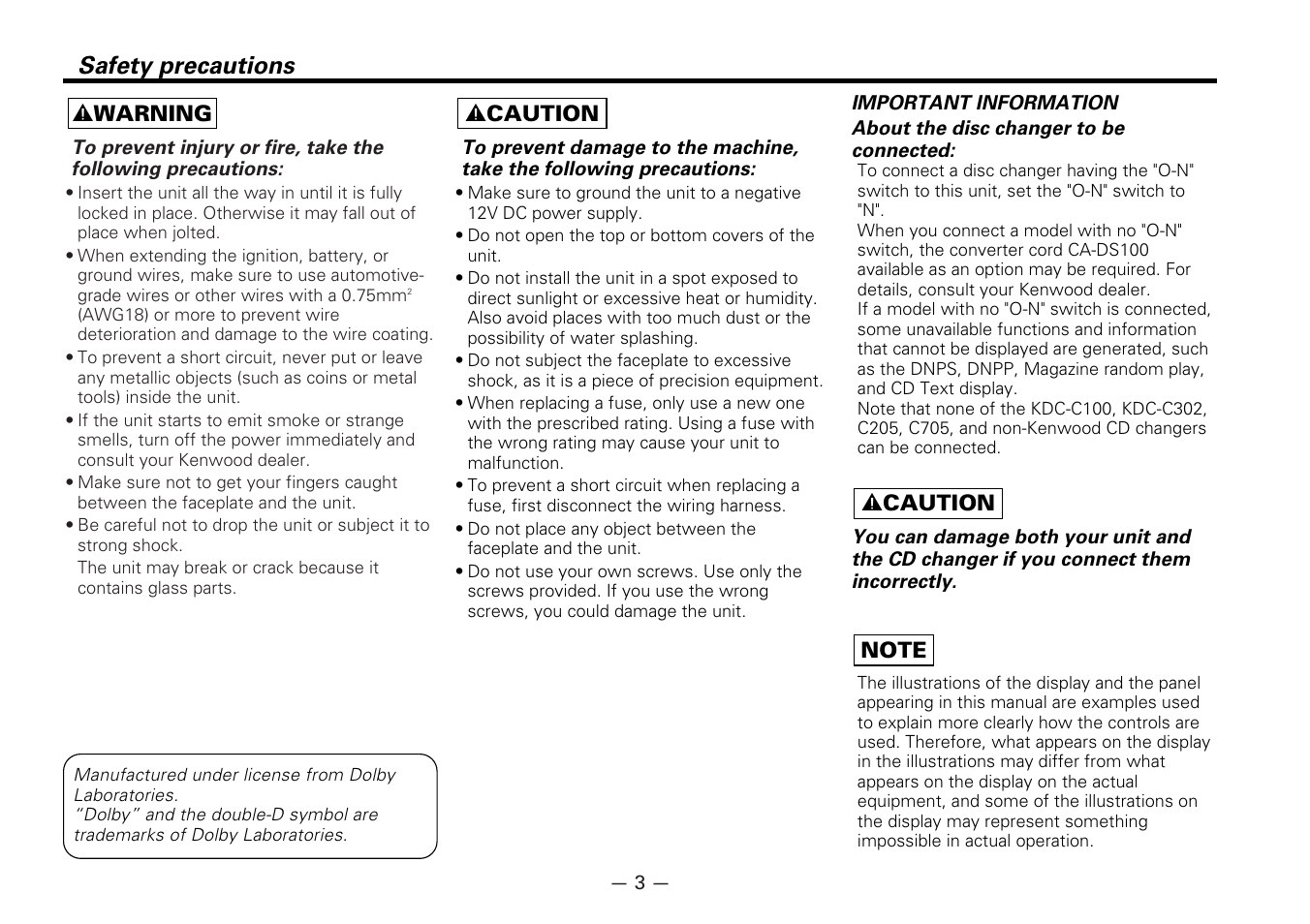 Safety precautions | Kenwood DPX-6030 User Manual | Page 3 / 44