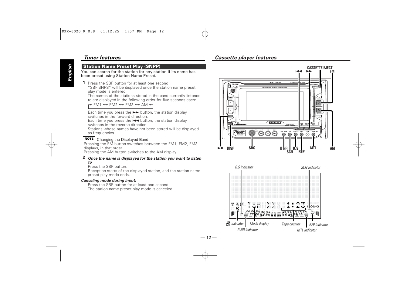 Cassette player features | Kenwood DPX-6020 User Manual | Page 12 / 46