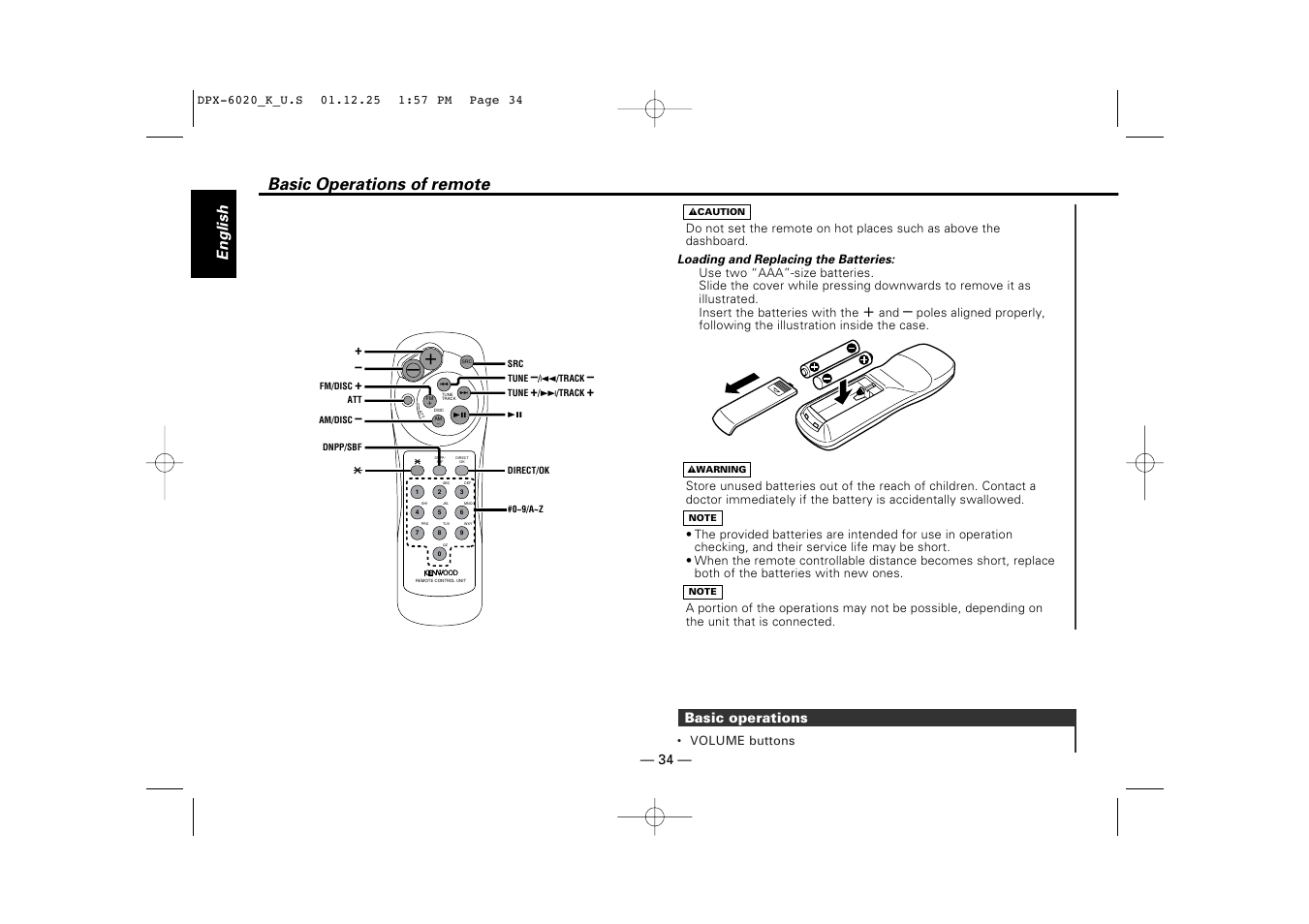 Basic operations of remote, English, Basic operations | Kenwood DPX-6020 User Manual | Page 34 / 46