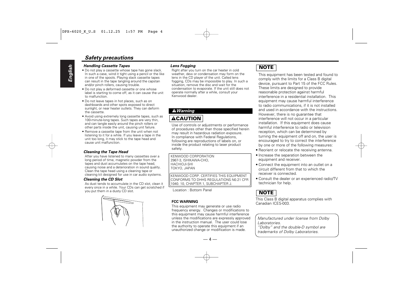 Safety precautions | Kenwood DPX-6020 User Manual | Page 4 / 46