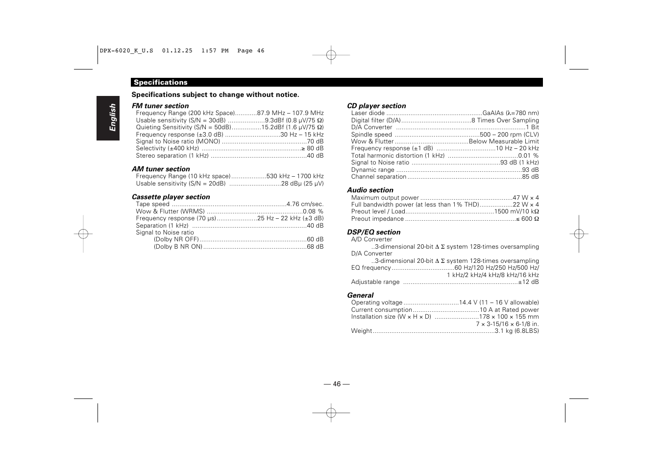 Specifications | Kenwood DPX-6020 User Manual | Page 46 / 46