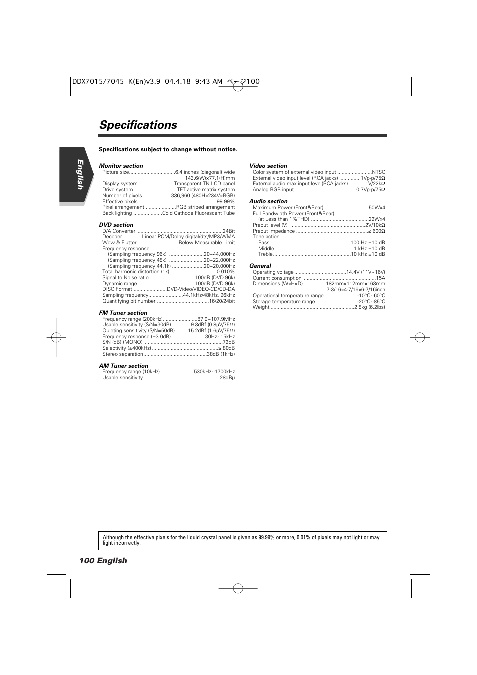 Specifications, 100 english english | Kenwood Excelon DDX7015 User Manual | Page 100 / 101