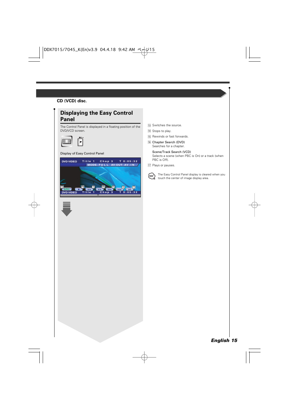 Displaying the easy control panel, English 15, Cd (vcd) disc | Kenwood Excelon DDX7015 User Manual | Page 15 / 101