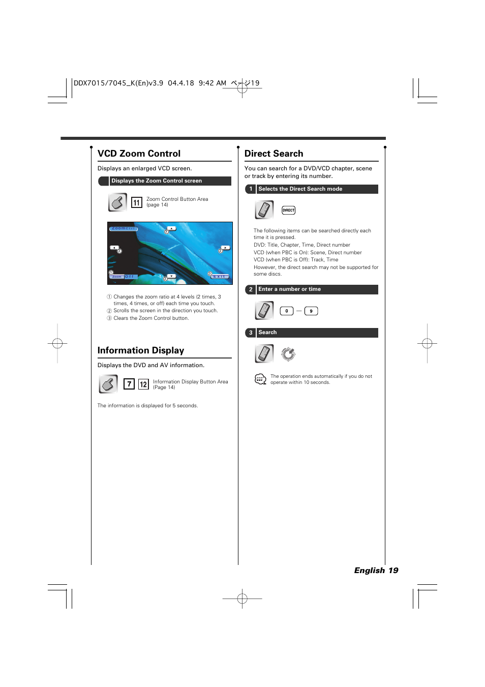 Vcd zoom control, Information display, Direct search | English 19 | Kenwood Excelon DDX7015 User Manual | Page 19 / 101