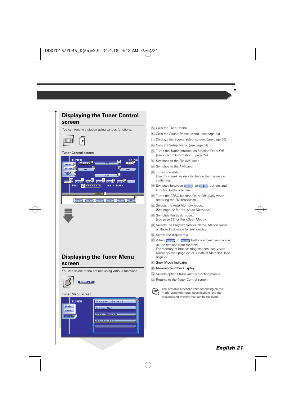 Displaying the tuner control screen, Displaying the tuner menu screen, English 21 | Kenwood Excelon DDX7015 User Manual | Page 21 / 101