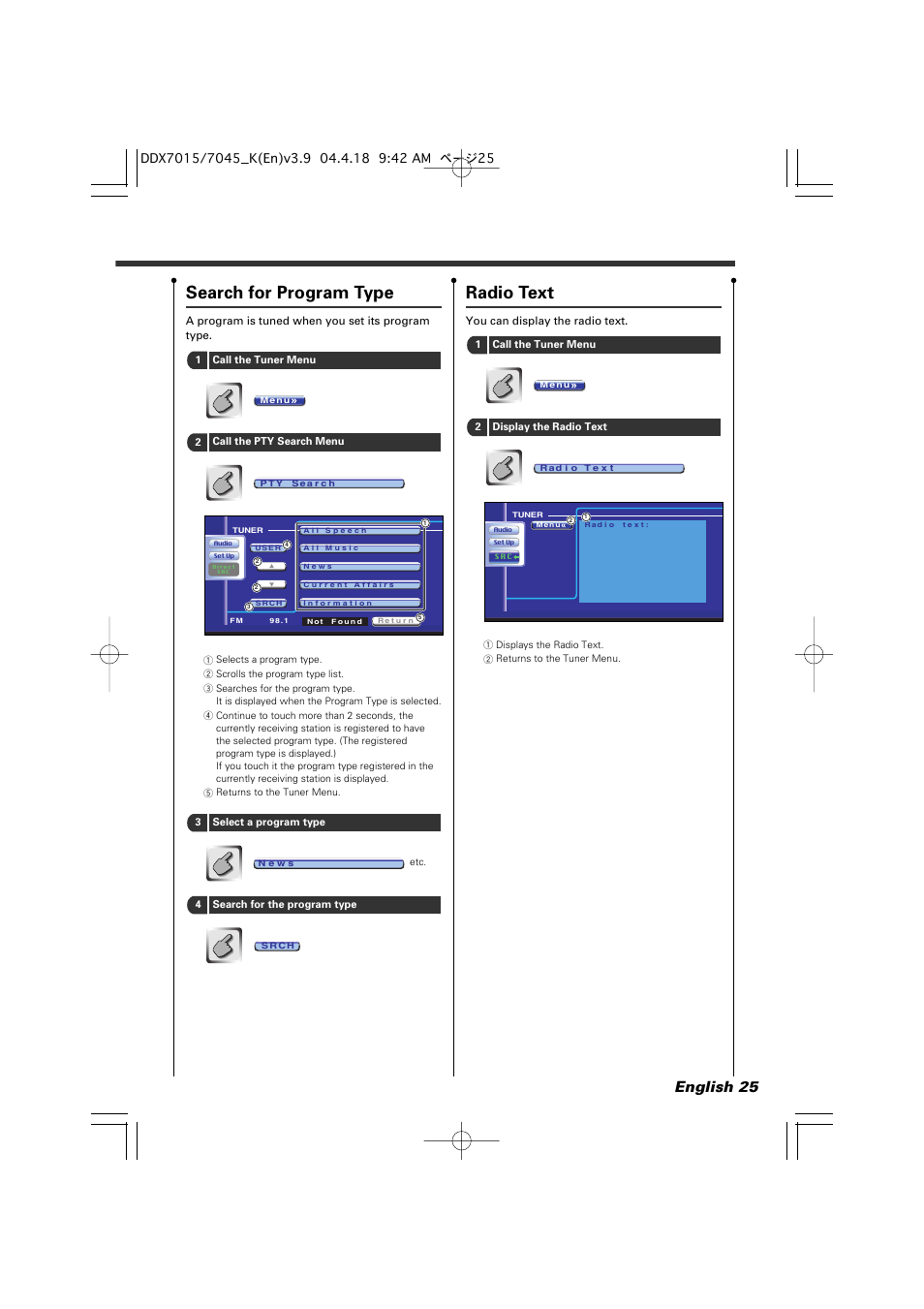 Radio text, Search for program type, English 25 | Kenwood Excelon DDX7015 User Manual | Page 25 / 101