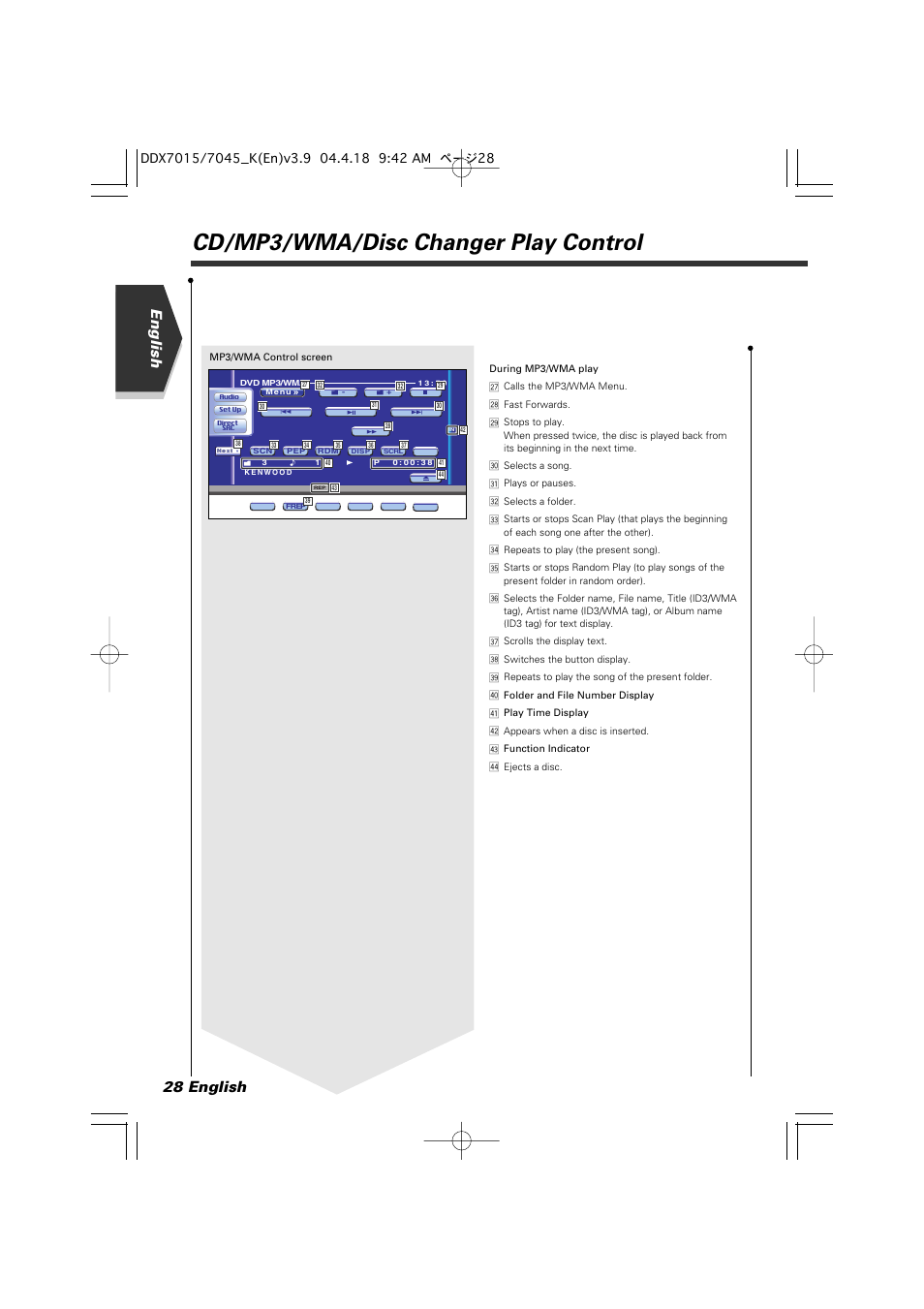 Cd/mp3/wma/disc changer play control, English 28 english | Kenwood Excelon DDX7015 User Manual | Page 28 / 101