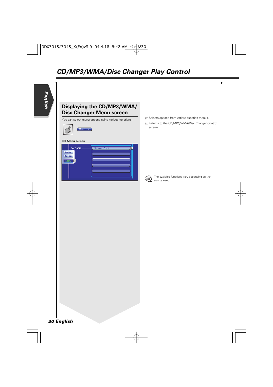 Cd/mp3/wma/disc changer play control, English 30 english | Kenwood Excelon DDX7015 User Manual | Page 30 / 101